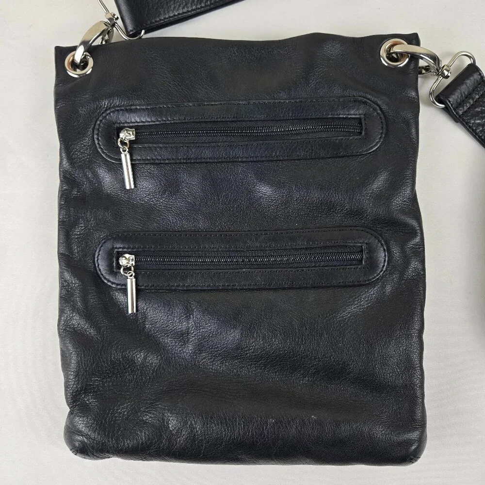 Margot Black Leather Crossbody Bag Top Zip Exterior Pockets Silver Hardware